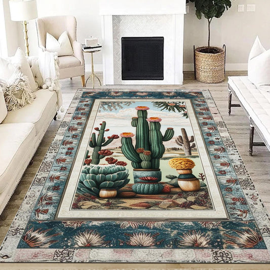 Southwestern Cactus Rug Boho Washable Plant Rug for Living Room & Entryway, Western Decor, Texas Maximalist Botanical Accent