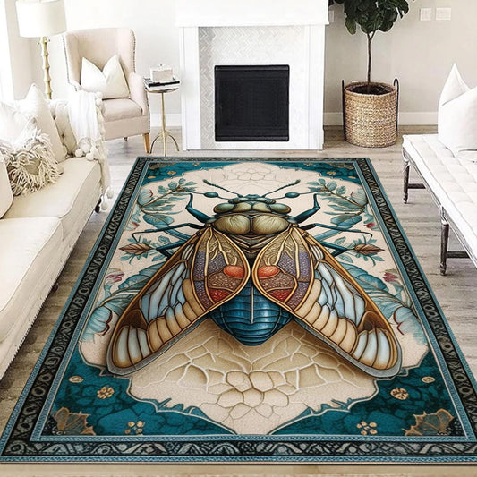 Cicada Rug for Weirdcore & Cottagecore Decor, Whimsical Colorful Designer Bug Rug, Maximalist Nature-Inspired Home Accent
