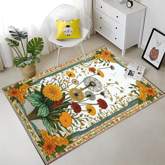 Rustic Dandelion Rug - Teal Flower Area Rug, Cozy Nature Inspired Decor, Traditional Warm Living Room Accent, Rustic Chic Home Decor