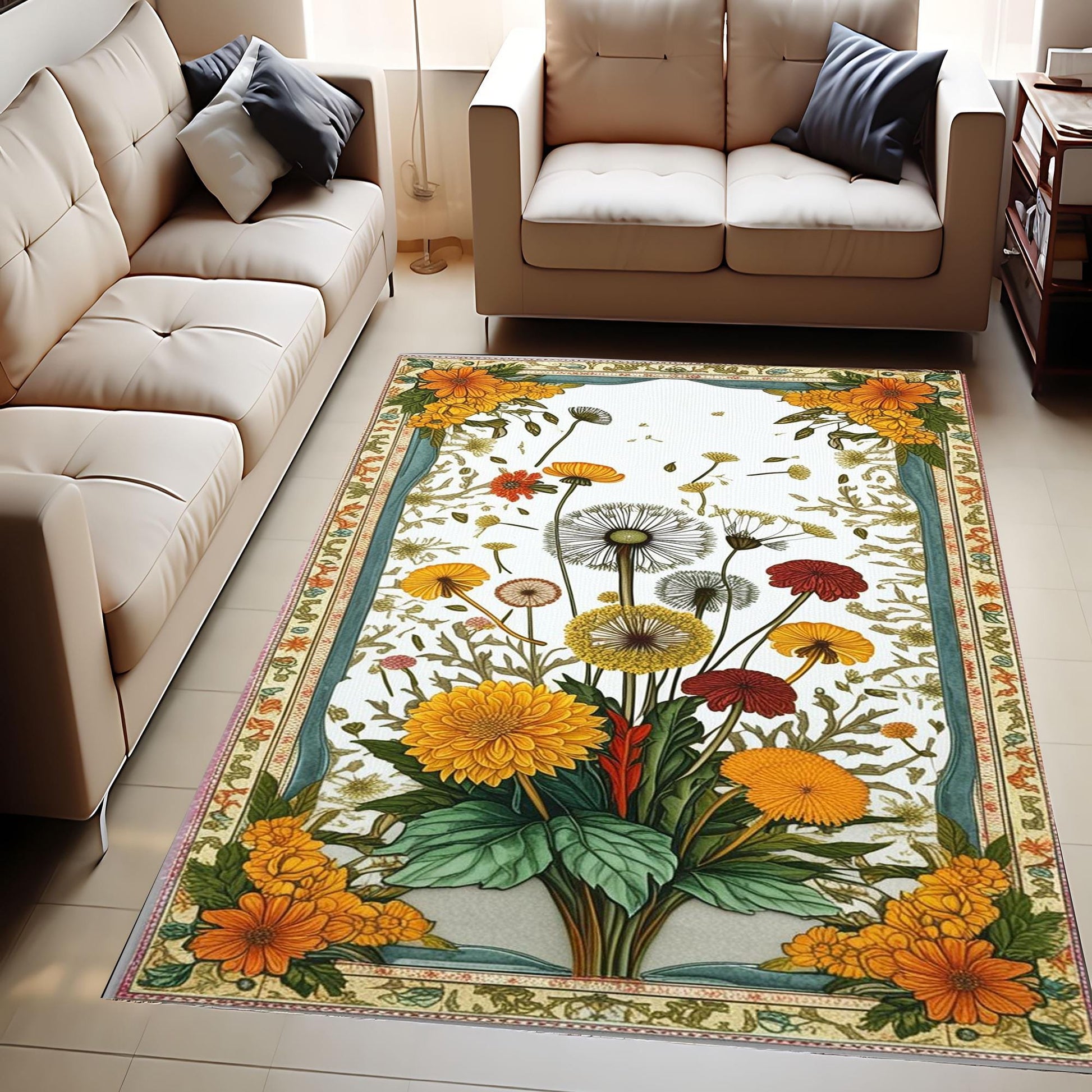 Rustic Dandelion Rug - Teal Flower Area Rug, Cozy Nature Inspired Decor, Traditional Warm Living Room Accent, Rustic Chic Home Decor