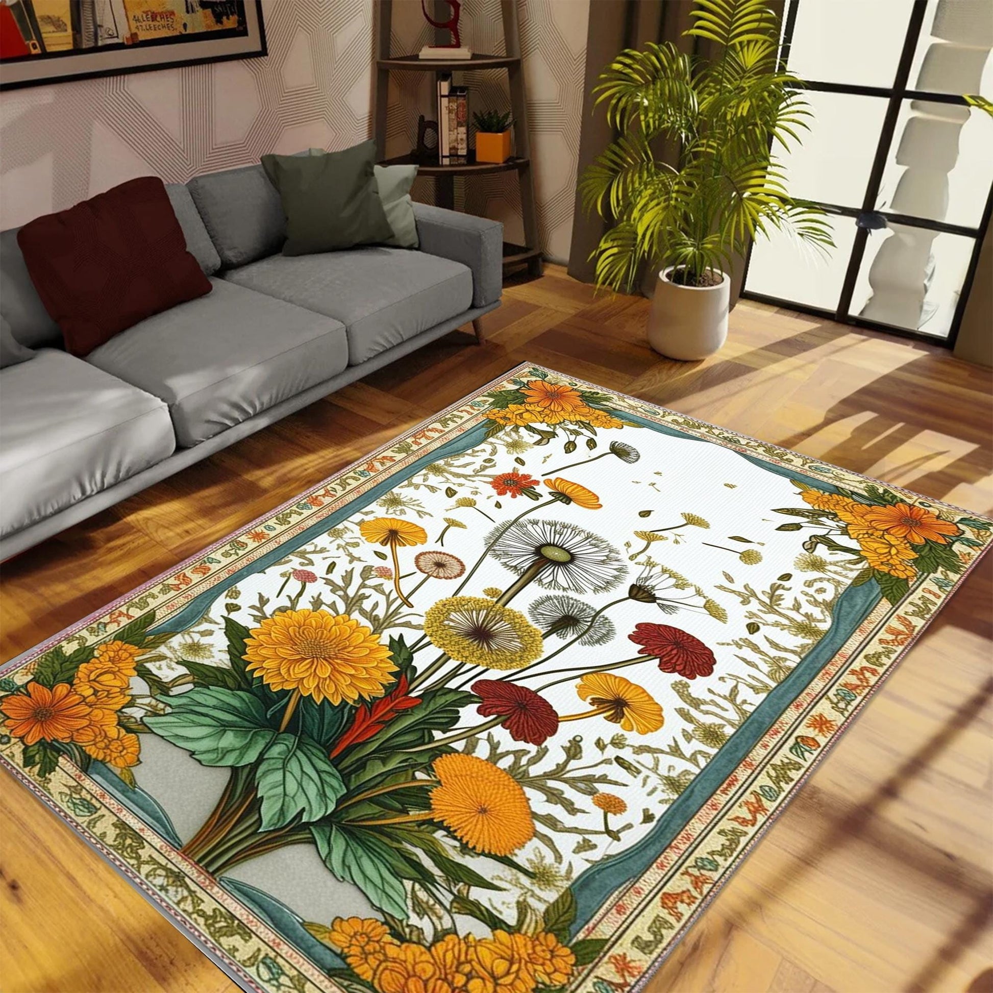 Rustic Dandelion Rug - Teal Flower Area Rug, Cozy Nature Inspired Decor, Traditional Warm Living Room Accent, Rustic Chic Home Decor