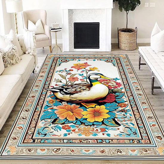 Vintage Duck Rug with Ornate Floral Frame, Rustic Farmhouse Animal Carpet for Cabin, Hunting Lodge & Nature Decor Floor Accent