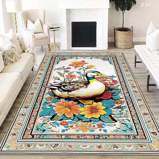 Vintage Duck Rug with Ornate Floral Frame, Rustic Farmhouse Animal Carpet for Cabin, Hunting Lodge & Nature Decor Floor Accent