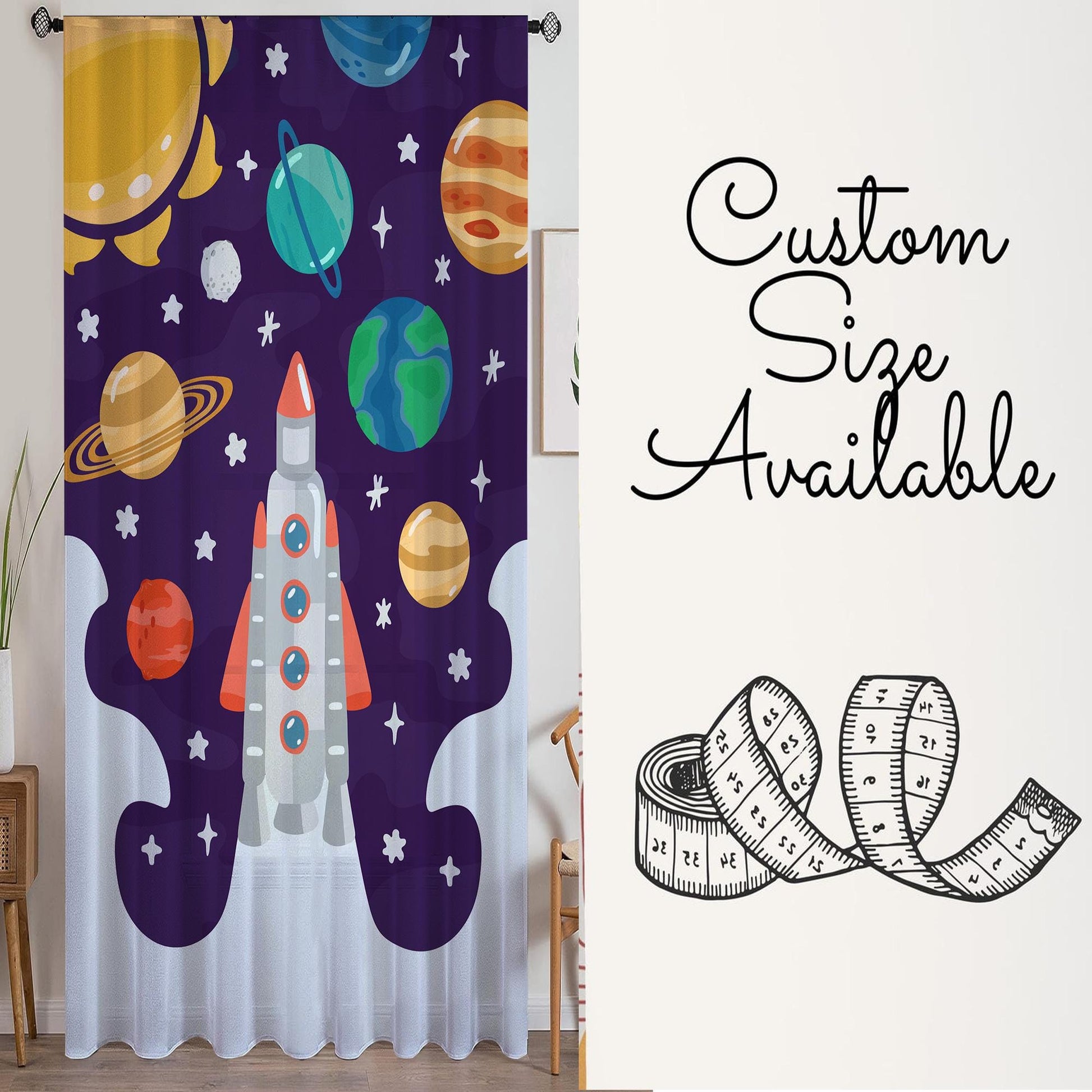 Planet Spaceship Sheer Curtain for Kids Room, Lightweight Sun Stars Moon Nursery Net Voile, Baby Room Window Drapes,
