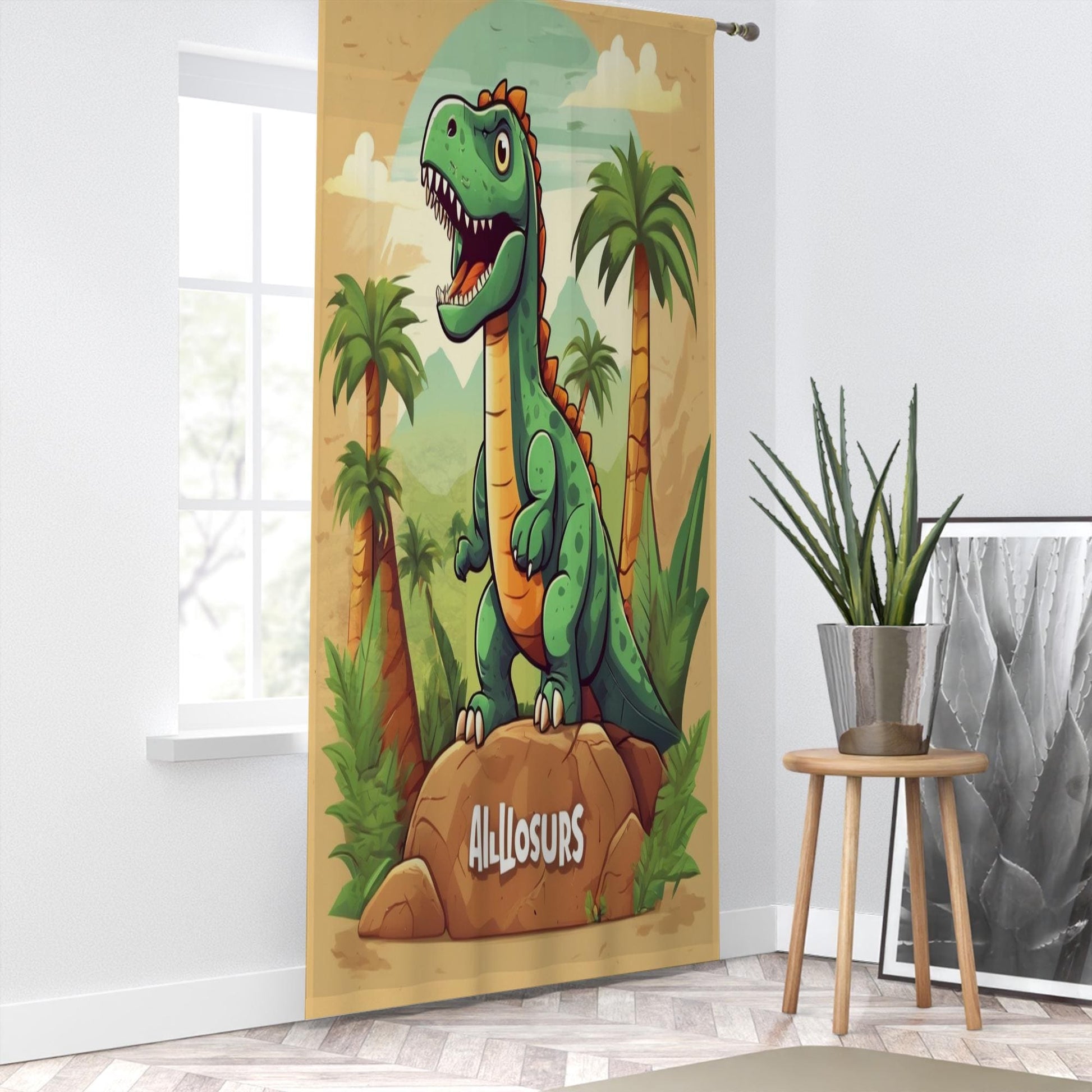 Green Dinosaur  Sheer Curtain for Kids Room, Lightweight Jurassic Dino Theme Nursery Net Voile, Baby Room Window Drapes,