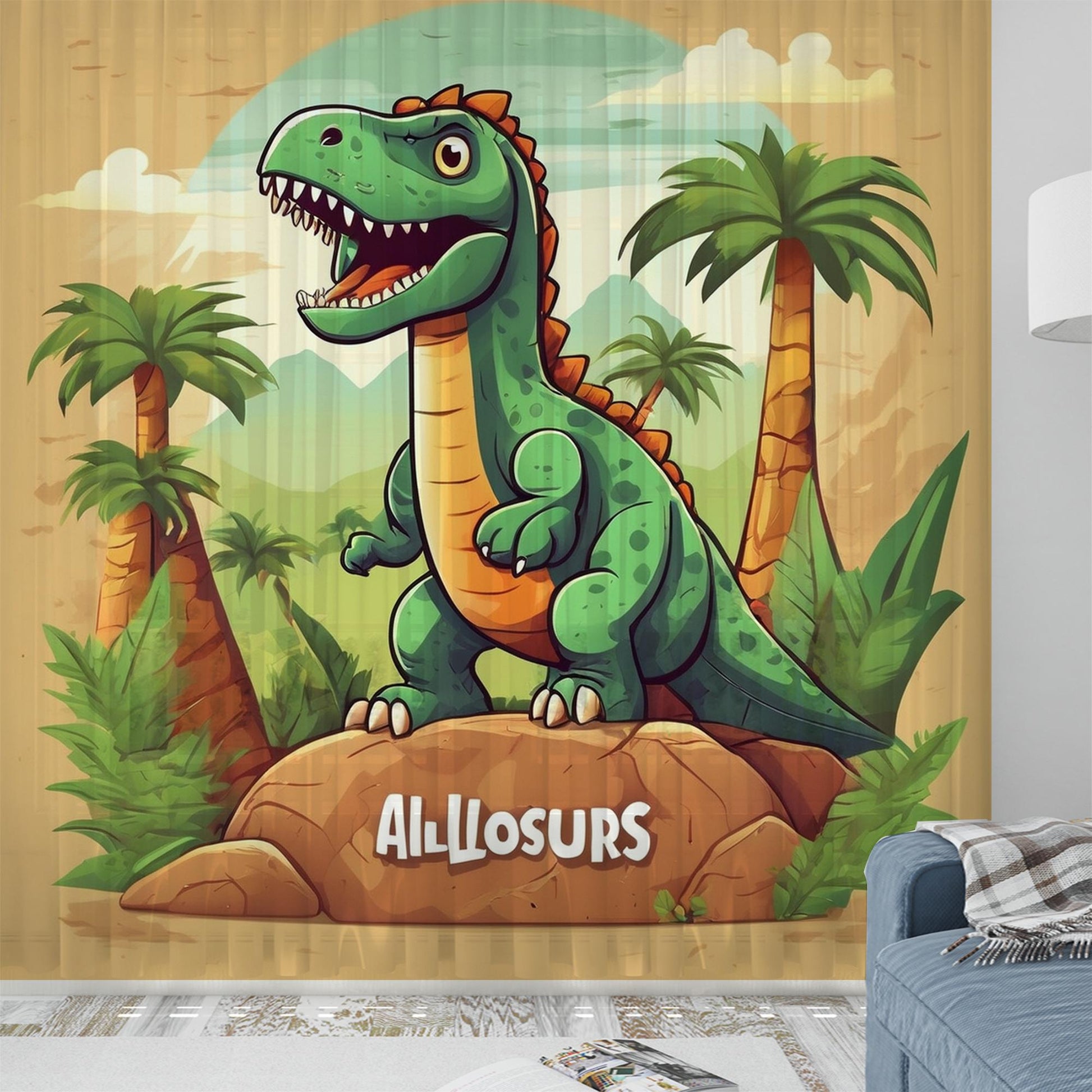Green Dinosaur  Sheer Curtain for Kids Room, Lightweight Jurassic Dino Theme Nursery Net Voile, Baby Room Window Drapes,