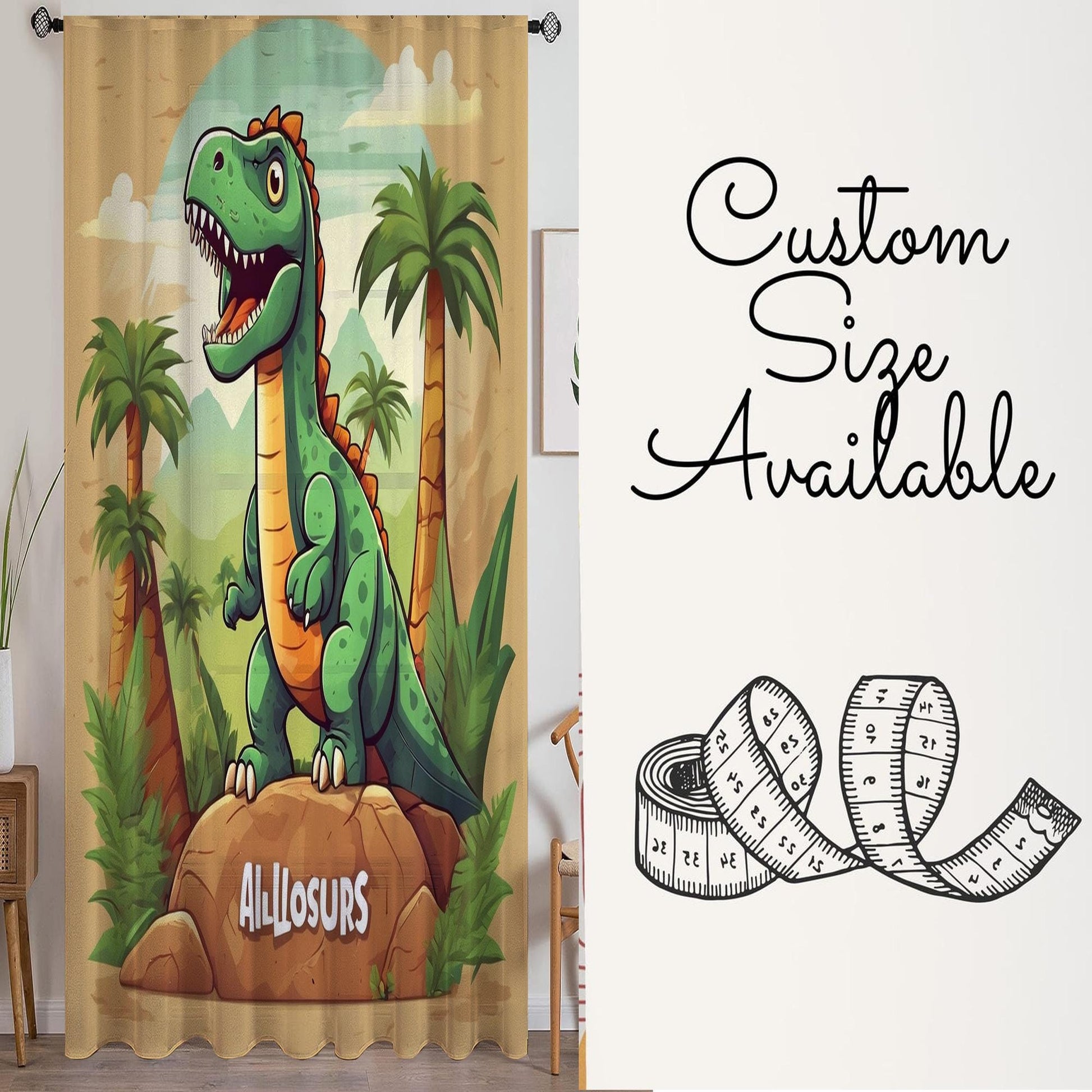 Green Dinosaur  Sheer Curtain for Kids Room, Lightweight Jurassic Dino Theme Nursery Net Voile, Baby Room Window Drapes,