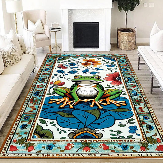 Cottagecore Frog Rug for Kids Room, Whimsical Toad & Jungle Frog Floral Bedroom Rug, Cute Aesthetic Farmhouse Decor, Chenille Washable Rug