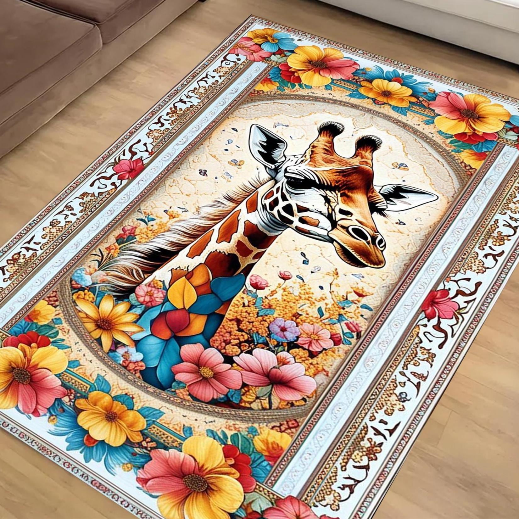 Giraffe Rug for Kids Room, Colorful Jungle Animal Decor, Chenille Washable Non-Slip Floor & Kitchen Rug, Tropical Safari Style Carpet