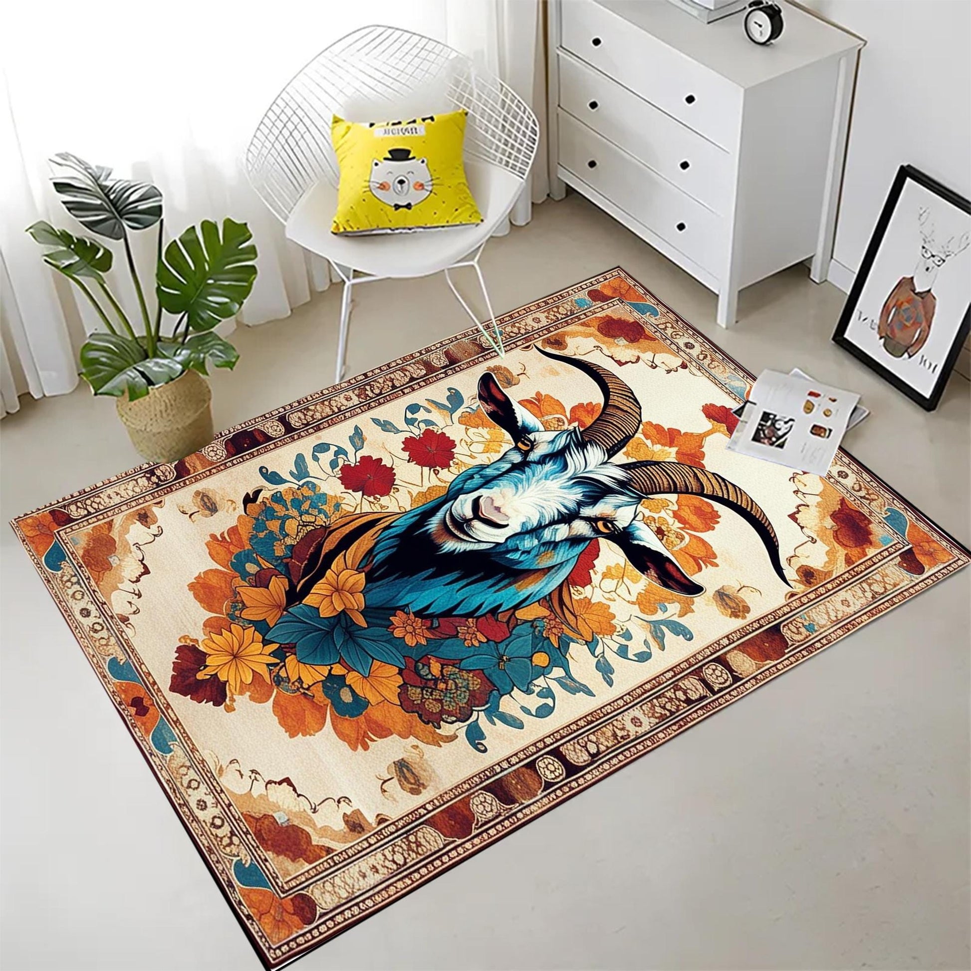 Goat Rug for Kids Room, Colorful Farm Animal Decor, Chenille Washable Non-Slip Rug, Kids Rug with Floral Persian Border, Farmhouse Style