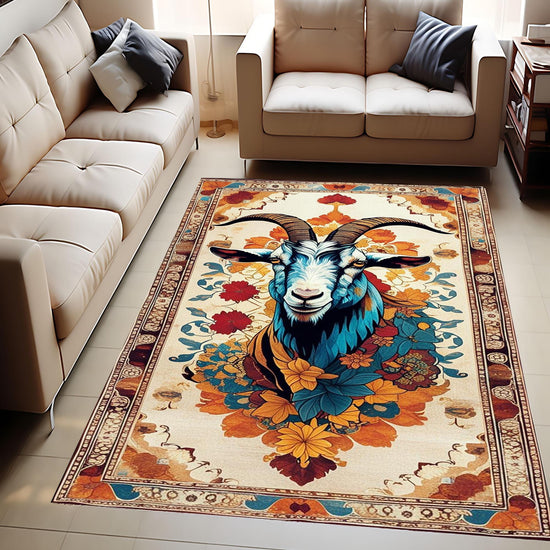 Goat Rug for Kids Room, Colorful Farm Animal Decor, Chenille Washable Non-Slip Rug, Kids Rug with Floral Persian Border, Farmhouse Style
