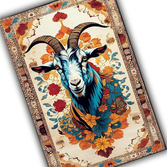 Goat Rug for Kids Room, Colorful Farm Animal Decor, Chenille Washable Non-Slip Rug, Kids Rug with Floral Persian Border, Farmhouse Style