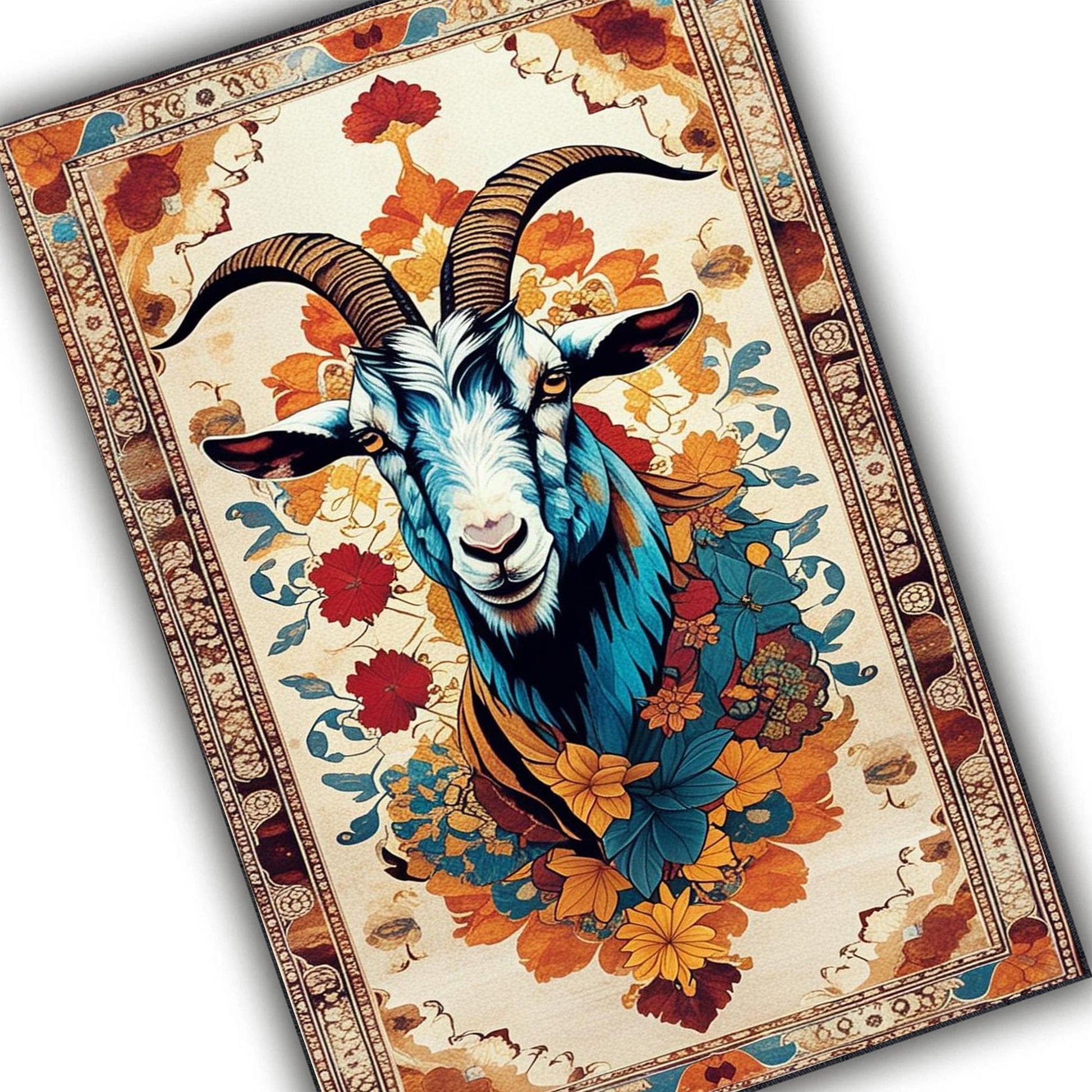 Goat Rug for Kids Room, Colorful Farm Animal Decor, Chenille Washable Non-Slip Rug, Kids Rug with Floral Persian Border, Farmhouse Style