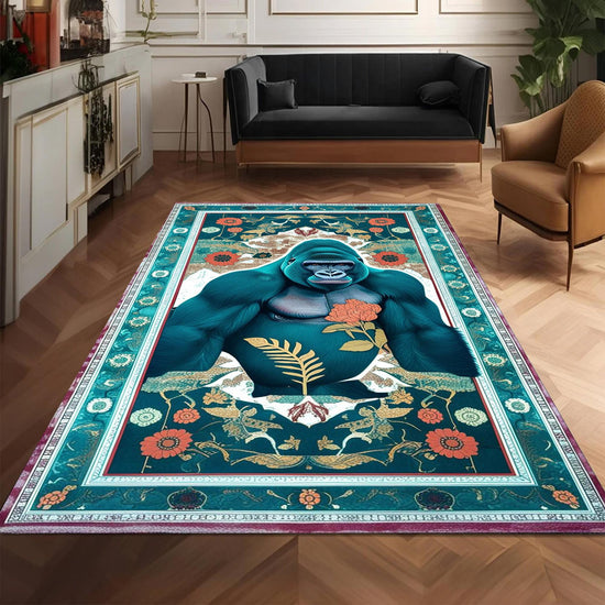 Gorilla Rug for Kids Room - Jungle Animal Decor, Washable Non-Slip Floor Mat, Tropical Green Floral Rug for Playroom, Chenille Washable Rug