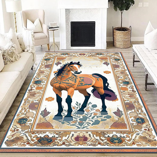 Horse Rug for Living Room, Traditional Oriental Wild Horse Area Rug, Farmhouse Style Horse Rug, Animal Print Carpet, Chenille Washable Rug