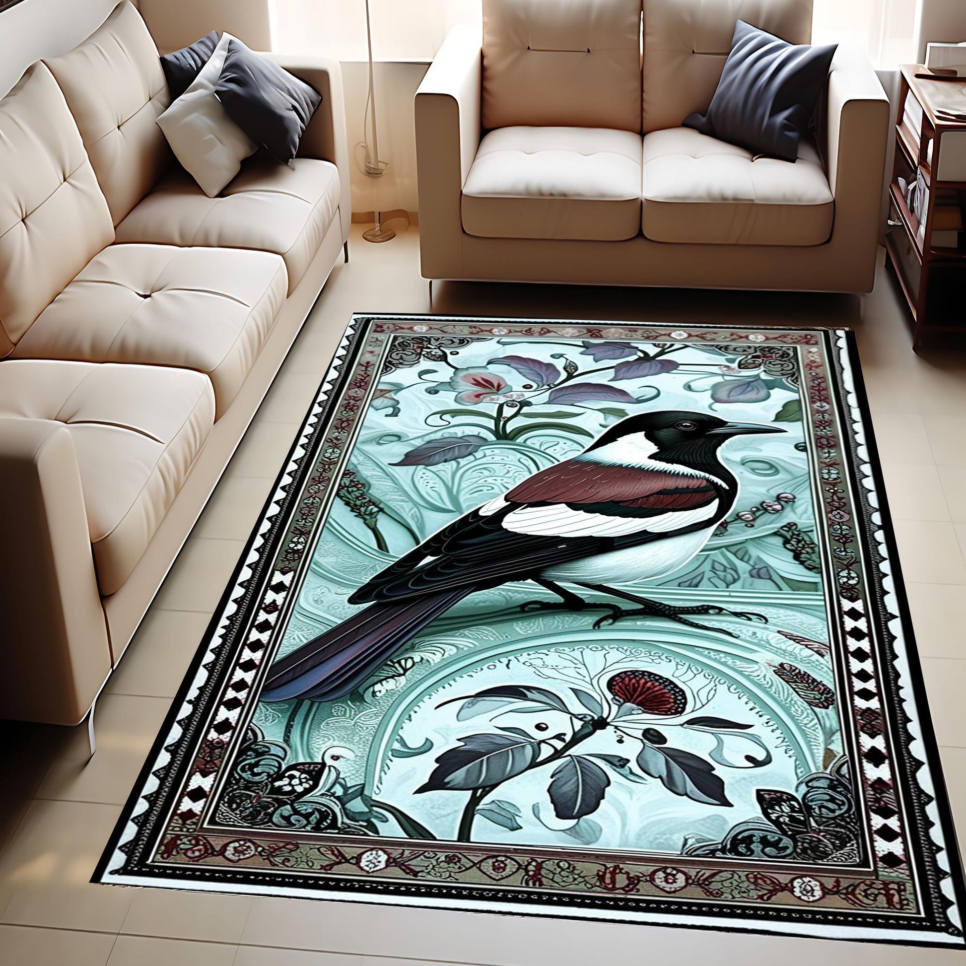 Magpie Rug with Rose Floral Design, Washable Cottagecore Decorative Carpet, Unique Nature & Bird Accent, Chenille Washable Rug