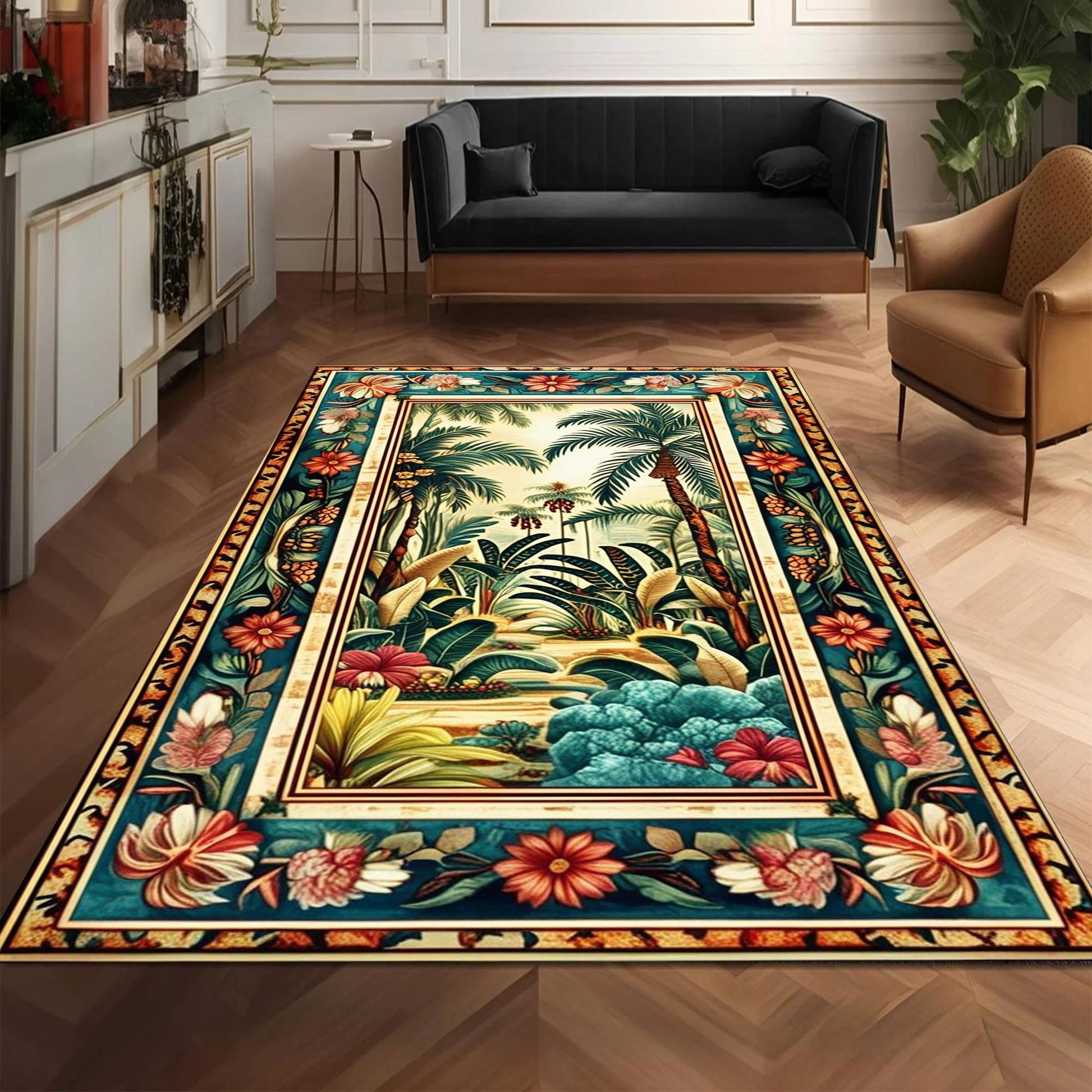 Tropical Area Rug, Forest Palm Trees Jungle Boho Floral Non Slip Carpet, Botanical Floor Decor Living Room Kitchen, Chenille Washable Rug