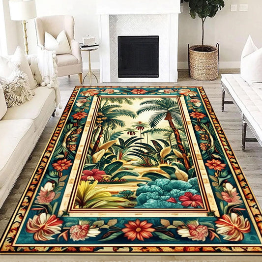 Tropical Area Rug, Forest Palm Trees Jungle Boho Floral Non Slip Carpet, Botanical Floor Decor Living Room Kitchen, Chenille Washable Rug