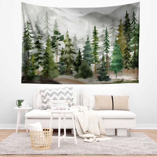 Watercolor Green Forest Tapestry Boho Wall Hanging Nature Scenery Foggy Mountain Home Decor for Living Room
