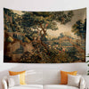French Medieval Tapestry Verdure with Château Garden, Dark Floral Tapestry Wall Hanging, Large Landscape Tapestry Wall Art, Wall tapestries
