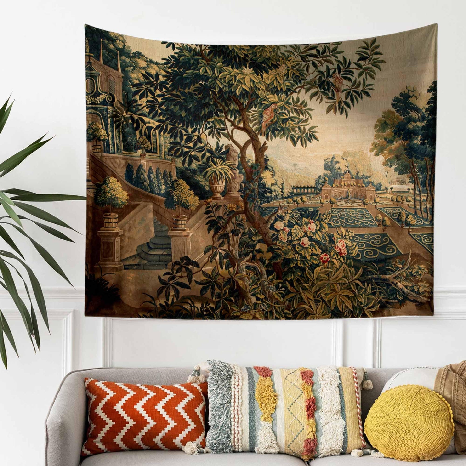 French Medieval Tapestry Verdure with Château Garden, Dark Floral Tapestry Wall Hanging, Large Landscape Tapestry Wall Art, Wall tapestries