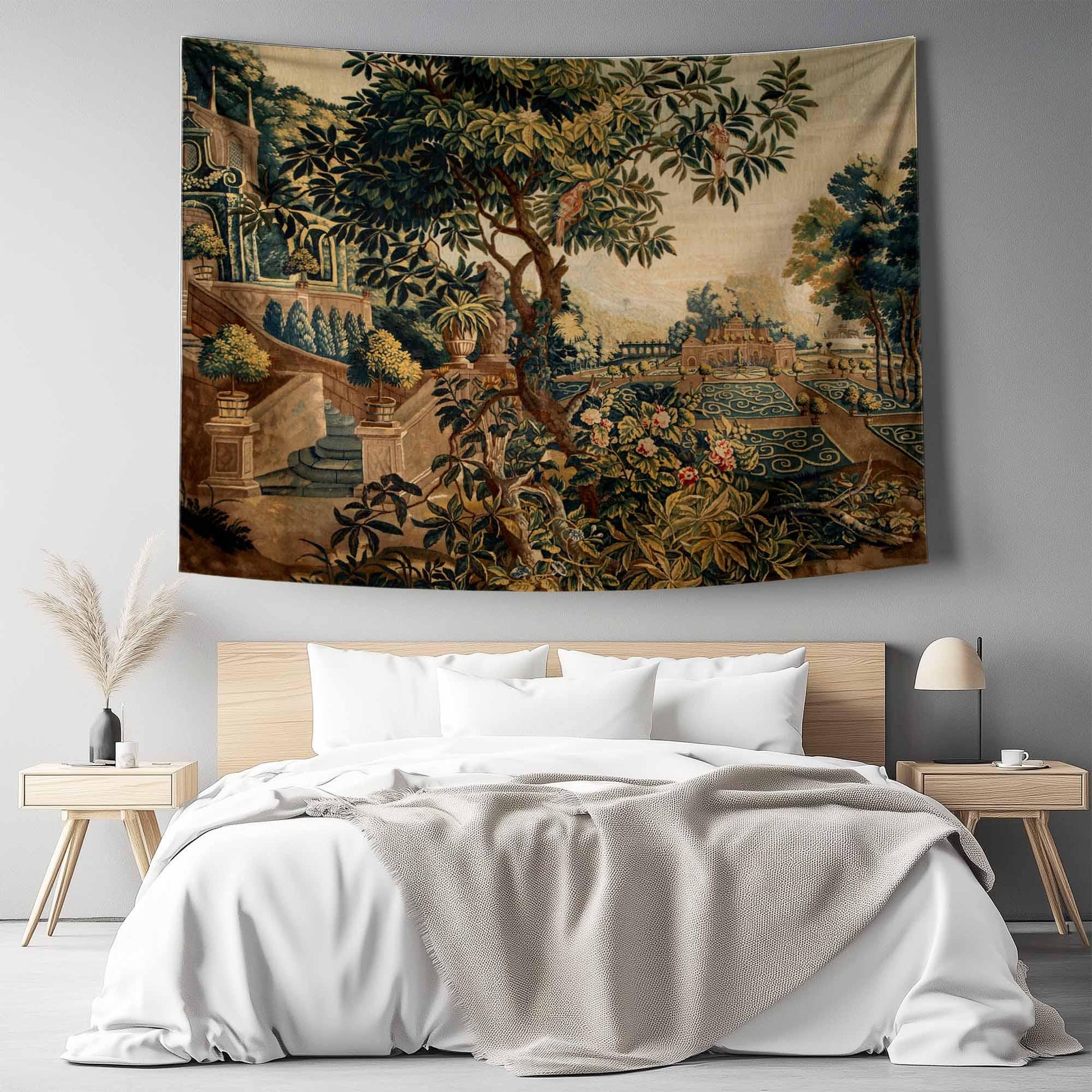 French Medieval Tapestry Verdure with Château Garden, Dark Floral Tapestry Wall Hanging, Large Landscape Tapestry Wall Art, Wall tapestries