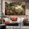 French Medieval Tapestry Verdure with Château Garden, Dark Floral Tapestry Wall Hanging, Large Landscape Tapestry Wall Art, Wall tapestries