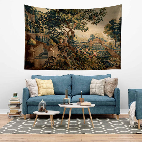 French Medieval Tapestry Verdure with Château Garden, Dark Floral Tapestry Wall Hanging, Large Landscape Tapestry Wall Art, Wall tapestries