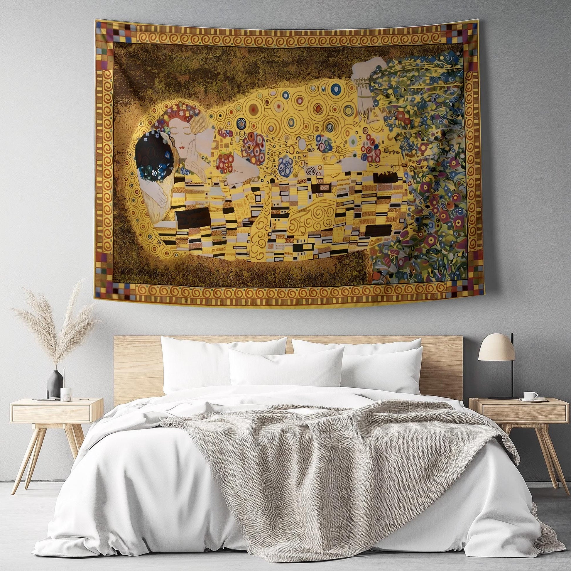 Gustav Klimt Wall Tapestry - The Kiss Love Art Decor, Masterpiece Fabric Wall Hanging, Romantic Valentines Day Gift