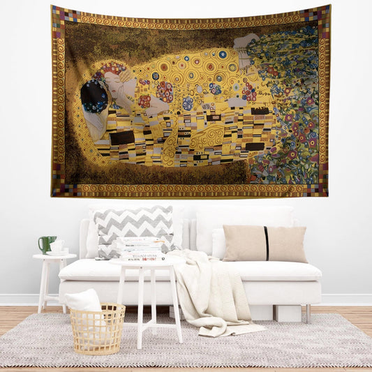 Gustav Klimt Wall Tapestry - The Kiss Love Art Decor, Masterpiece Fabric Wall Hanging, Romantic Valentines Day Gift