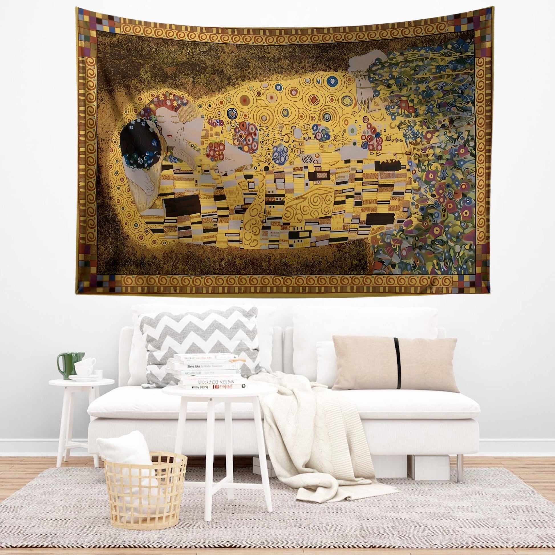 Gustav Klimt Wall Tapestry - The Kiss Love Art Decor, Masterpiece Fabric Wall Hanging, Romantic Valentines Day Gift