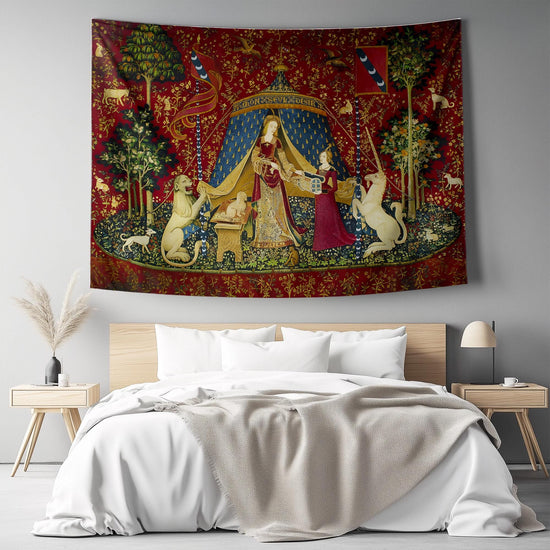 Medieval Tapestry Fabric Wall Art, The Lady and The Unicorn Desire Woven Hanging, Historic Middle Ages Decor, Vintage Style Antique Tapestry