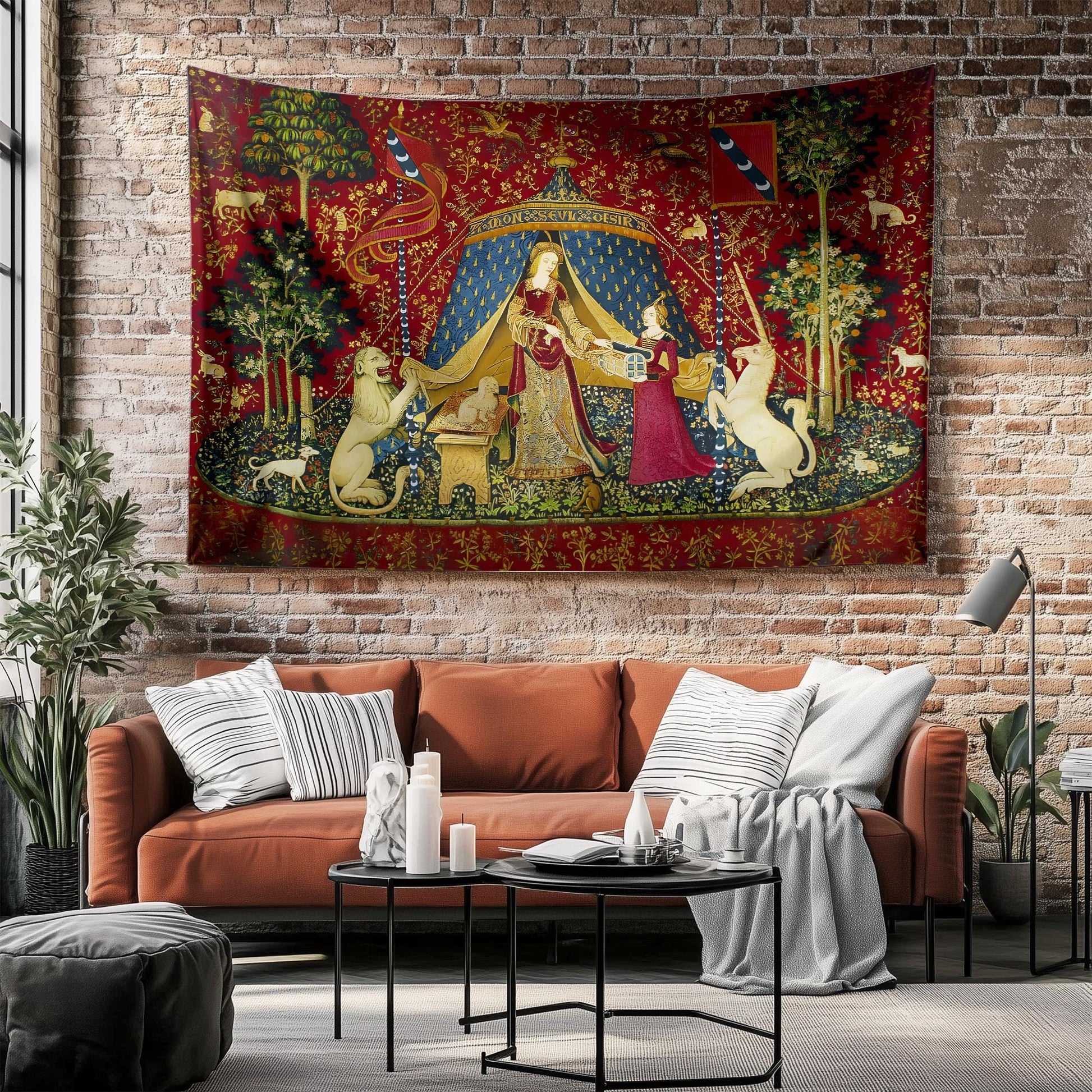 Medieval Tapestry Fabric Wall Art, The Lady and The Unicorn Desire Woven Hanging, Historic Middle Ages Decor, Vintage Style Antique Tapestry