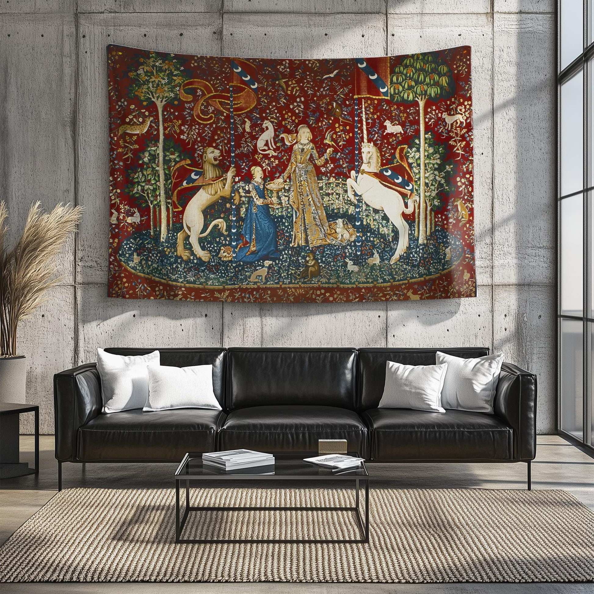 Lady and the Unicorn Sense of Taste Wall Tapestry, Medieval Art Decor, Vintage Style Hanging, Boho Bedroom, Living Room Textile Gift