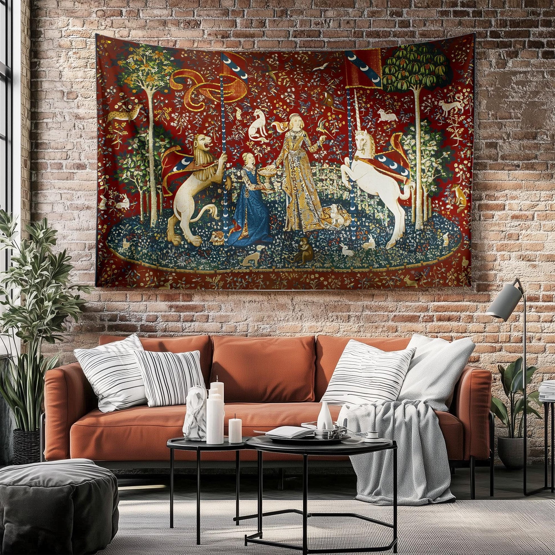 Lady and the Unicorn Sense of Taste Wall Tapestry, Medieval Art Decor, Vintage Style Hanging, Boho Bedroom, Living Room Textile Gift