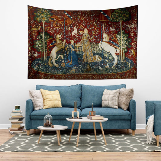 Lady and the Unicorn Sense of Taste Wall Tapestry, Medieval Art Decor, Vintage Style Hanging, Boho Bedroom, Living Room Textile Gift