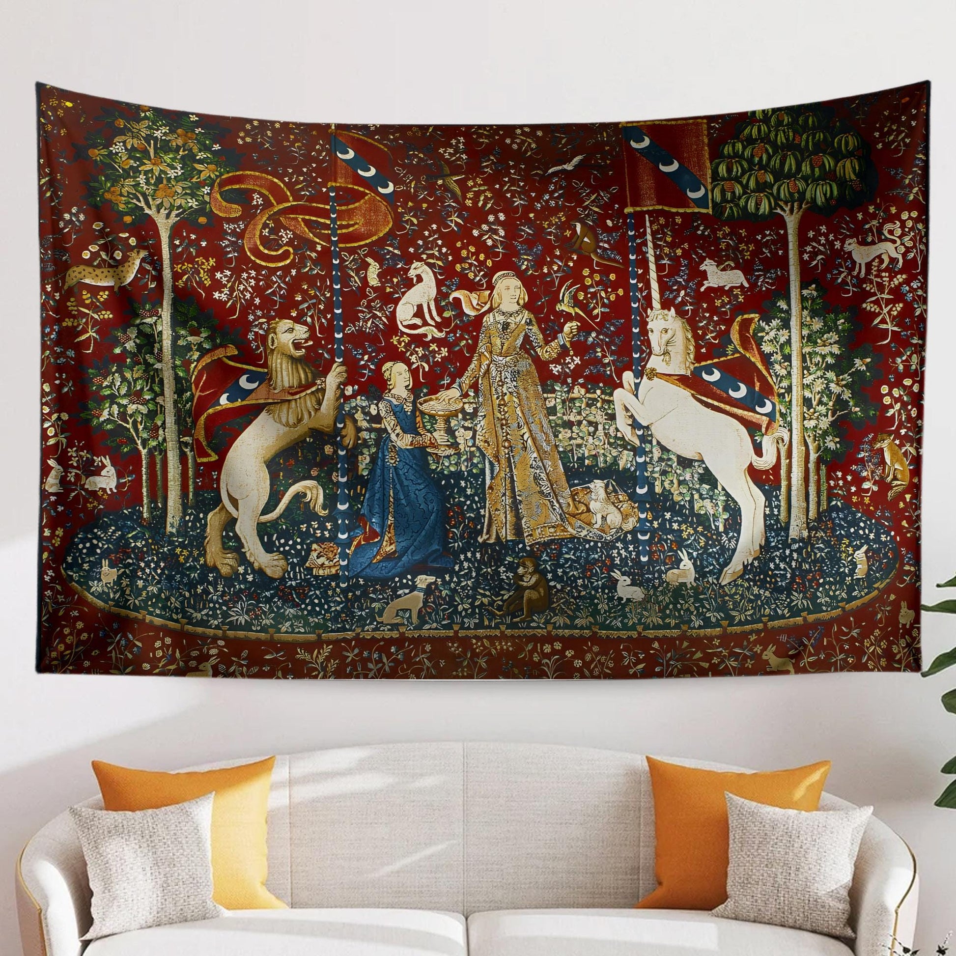 Lady and the Unicorn Sense of Taste Wall Tapestry, Medieval Art Decor, Vintage Style Hanging, Boho Bedroom, Living Room Textile Gift