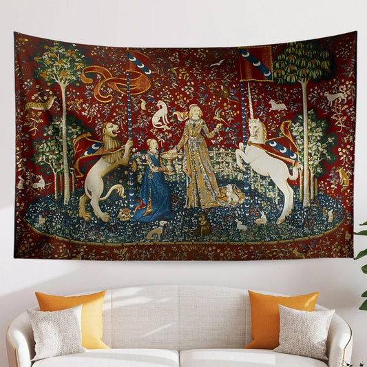Lady and the Unicorn Sense of Taste Wall Tapestry, Medieval Art Decor, Vintage Style Hanging, Boho Bedroom, Living Room Textile Gift