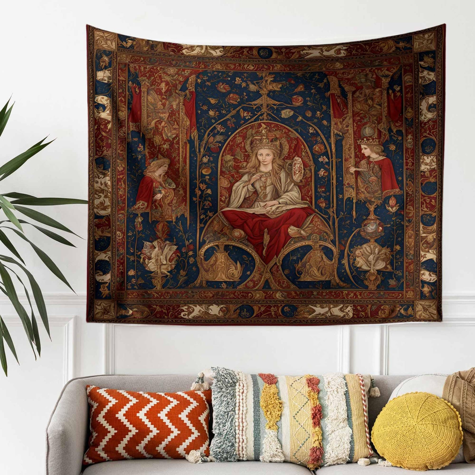 French Princess Medieval Tapestry Wall Hanging, Vintage Goth Decor, Chateau Bedroom Art, Renaissance Style Textile, Elegant Historical Gift