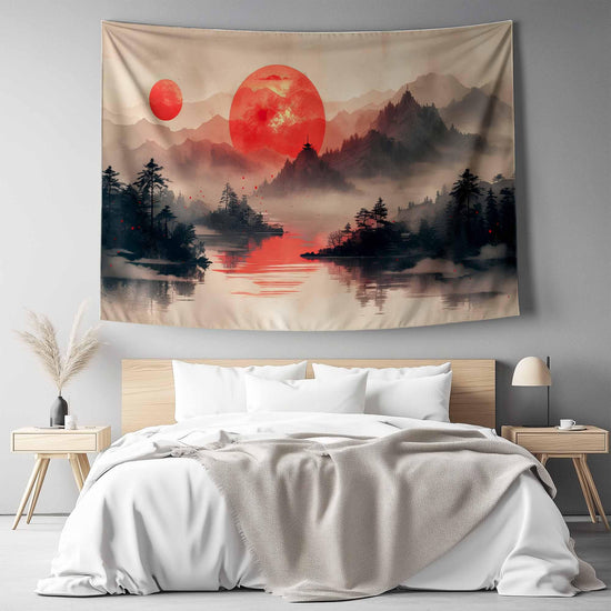 Japanese Red Sunset Wall Tapestry - Japanese Lake & Mountain Landscape Decor, Scenic Asian Art for Living Room Bedroom