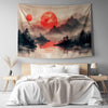 Japanese Red Sunset Wall Tapestry - Japanese Lake & Mountain Landscape Decor, Scenic Asian Art for Living Room Bedroom