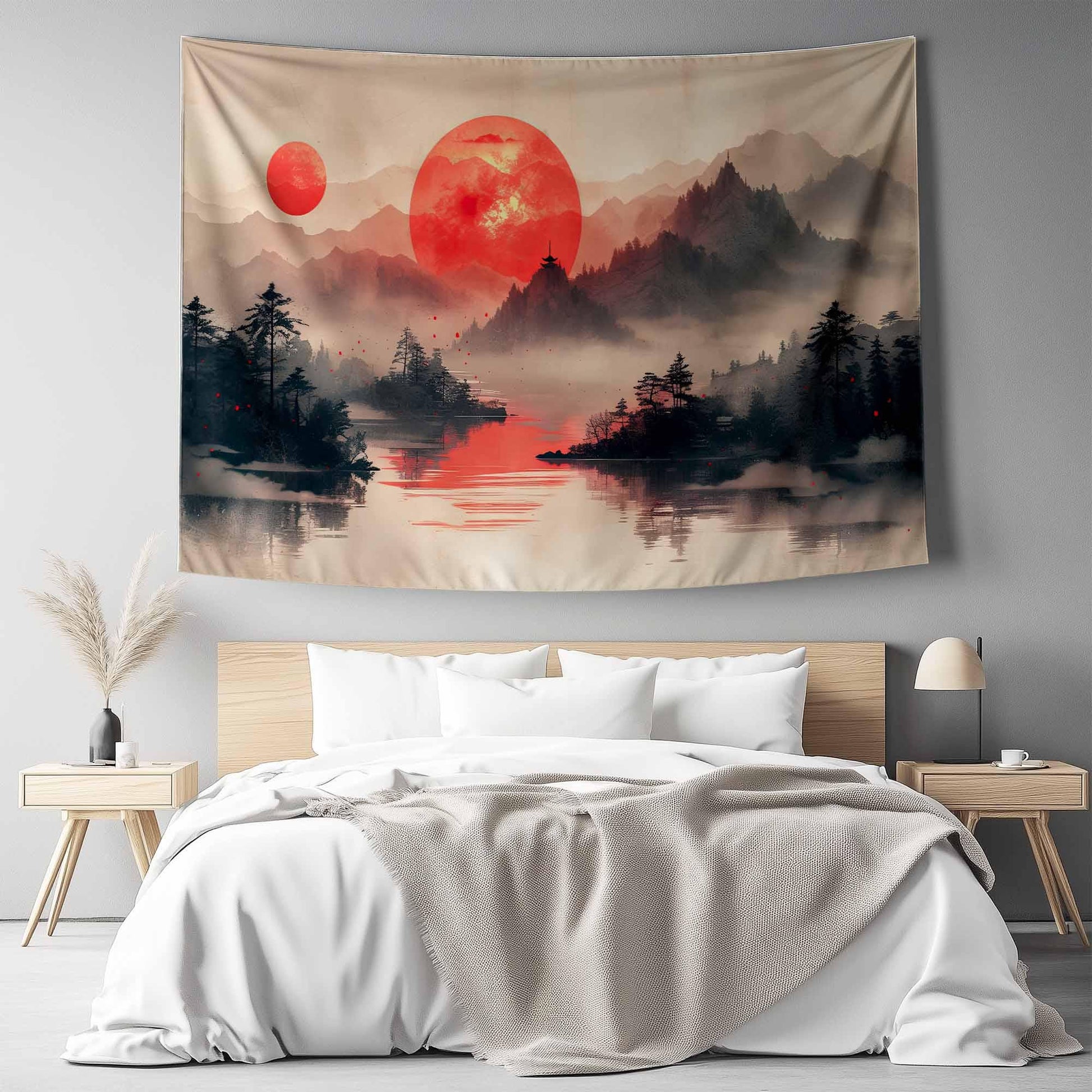 Japanese Red Sunset Wall Tapestry - Japanese Lake & Mountain Landscape Decor, Scenic Asian Art for Living Room Bedroom