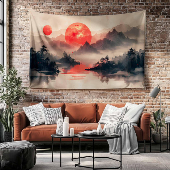 Japanese Red Sunset Wall Tapestry - Japanese Lake & Mountain Landscape Decor, Scenic Asian Art for Living Room Bedroom