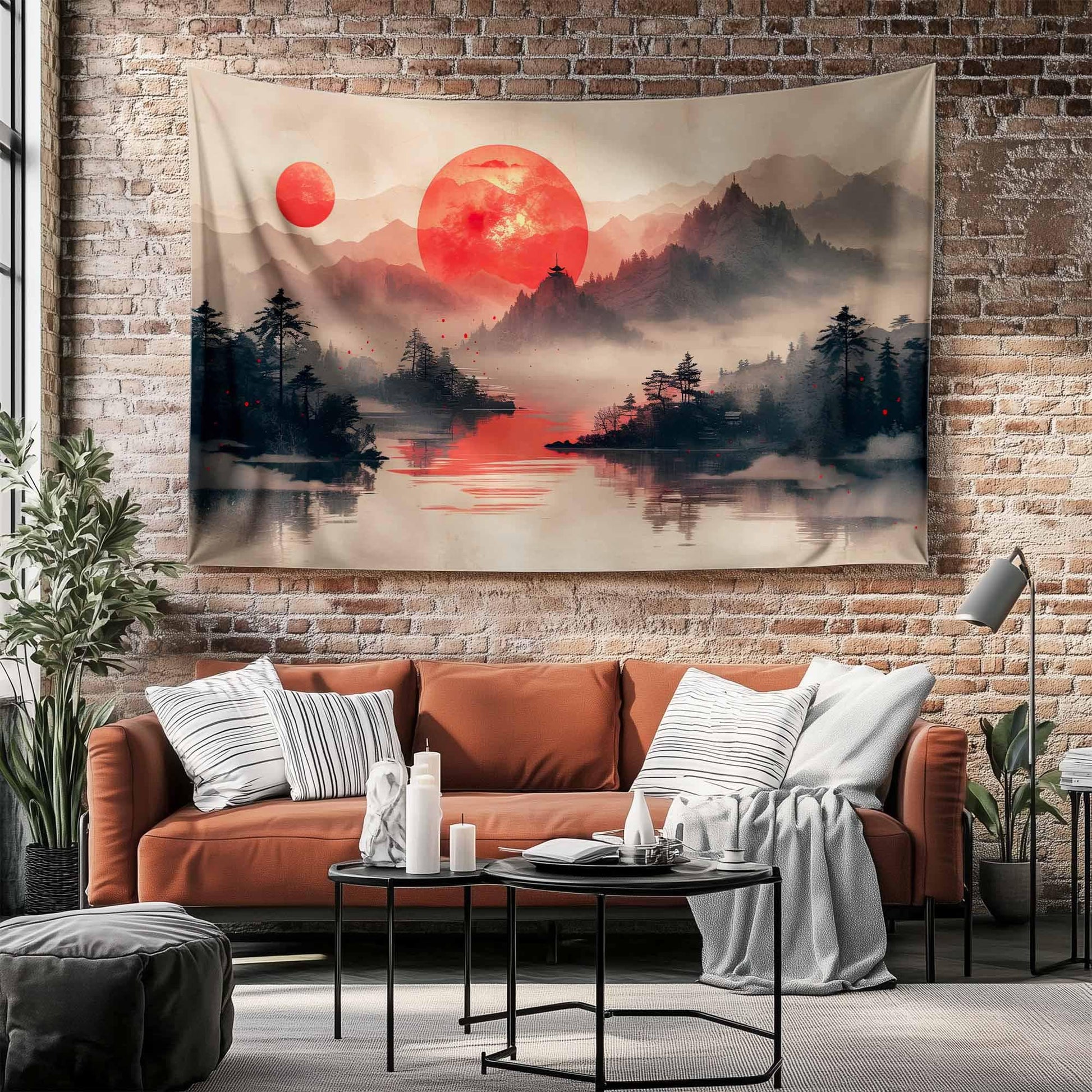 Japanese Red Sunset Wall Tapestry - Japanese Lake & Mountain Landscape Decor, Scenic Asian Art for Living Room Bedroom