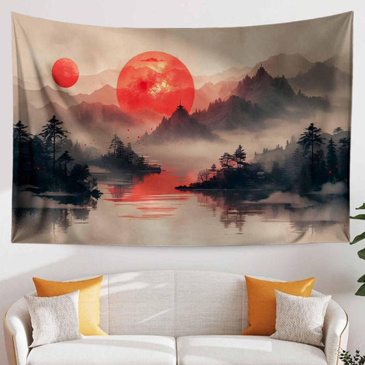 Japanese Red Sunset Wall Tapestry - Japanese Lake & Mountain Landscape Decor, Scenic Asian Art for Living Room Bedroom