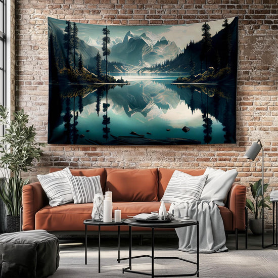 Blue Lake Mountain Wall Tapestry, Forest Trees Landscape Decor, Nature Scenery Hanging Art for Bedroom & Living Room