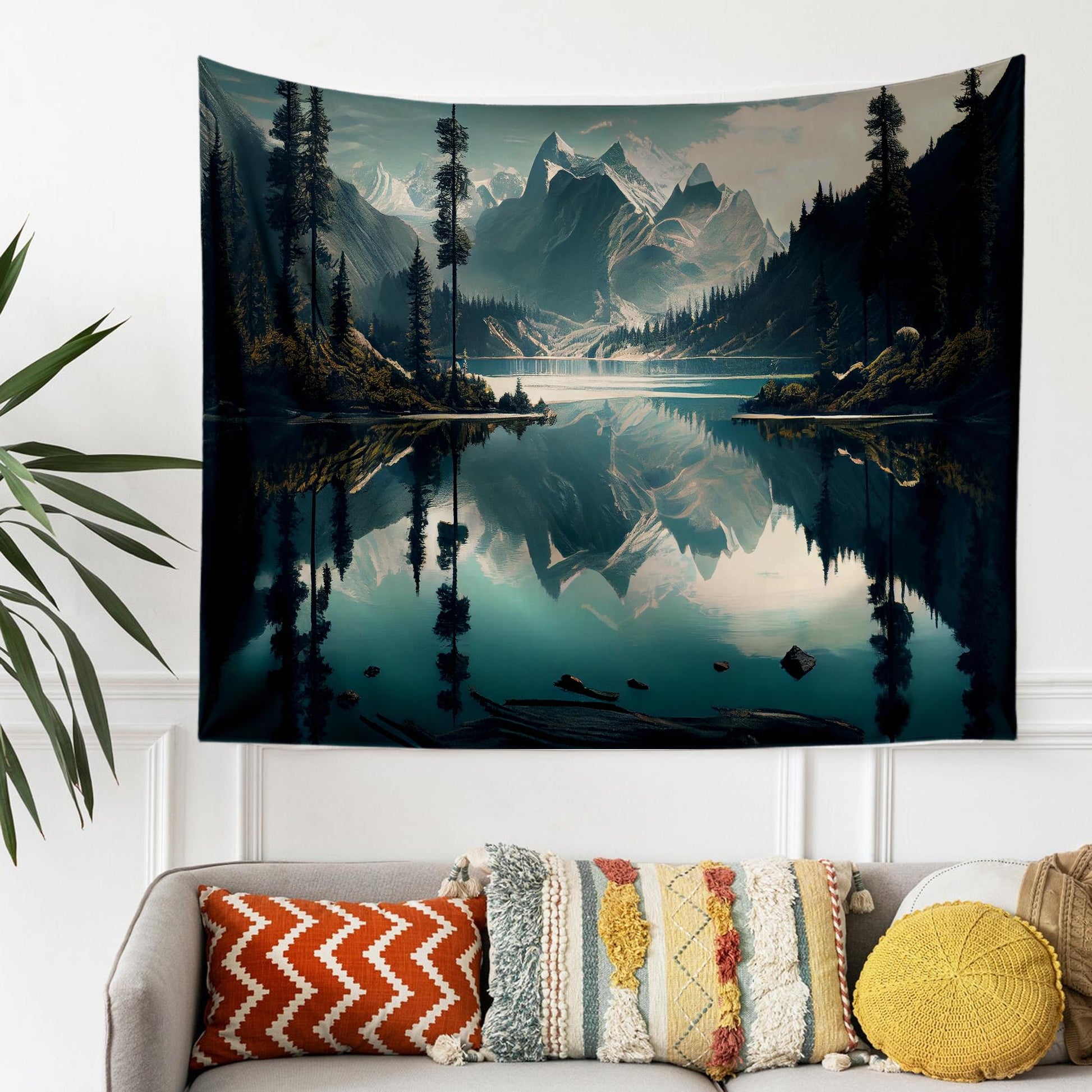 Blue Lake Mountain Wall Tapestry, Forest Trees Landscape Decor, Nature Scenery Hanging Art for Bedroom & Living Room