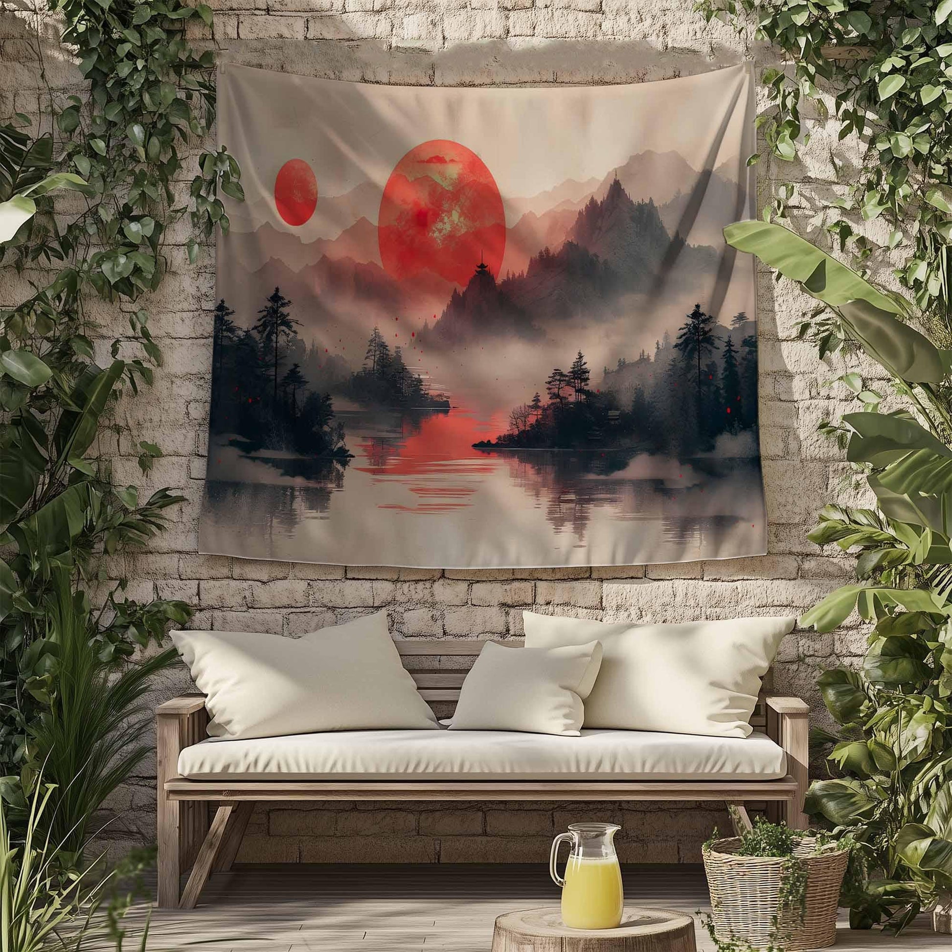Japanese Red Sunset Wall Tapestry - Japanese Lake Mountain Landscape Decor, Japanese Scenery Art for Living Room Bedroom