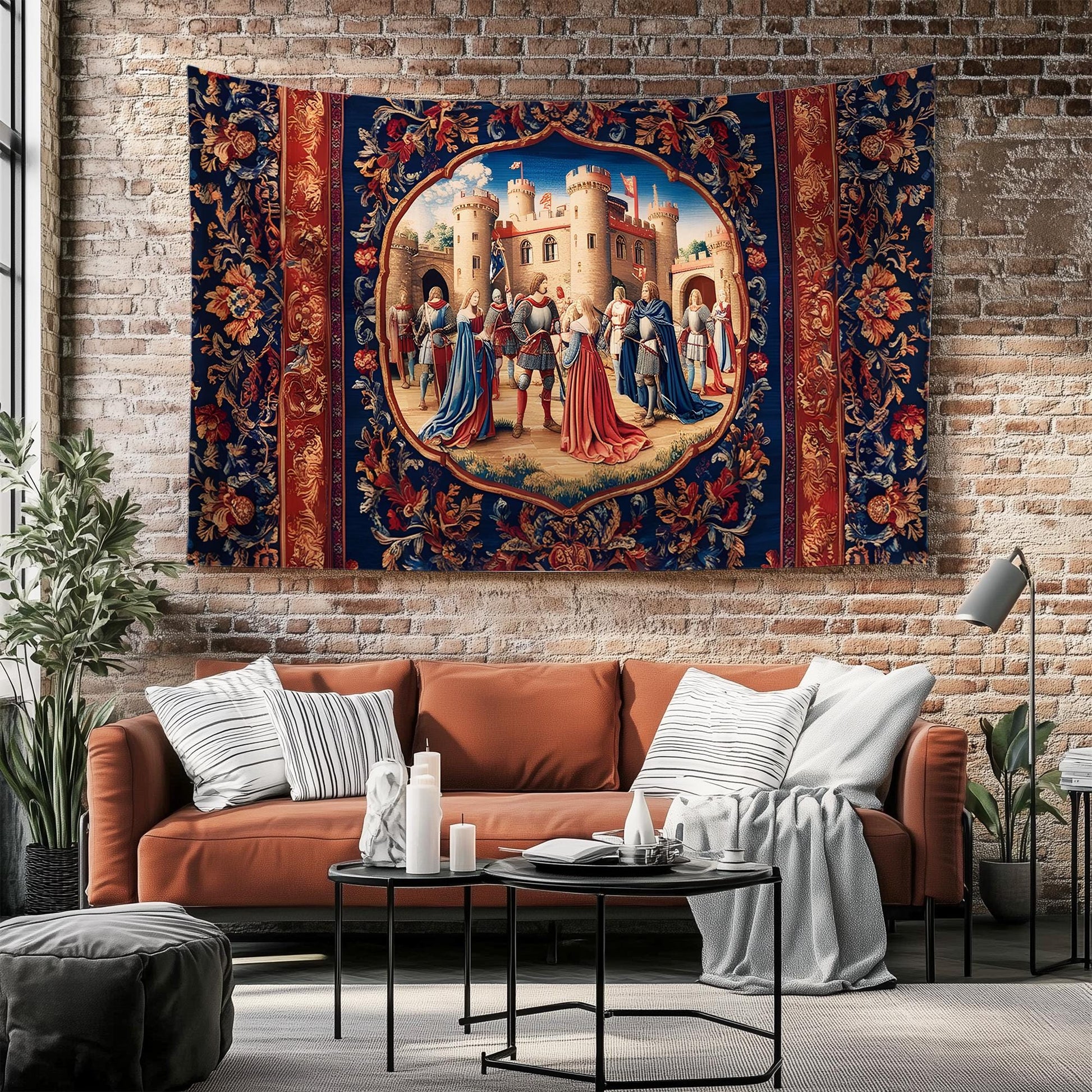Medieval Castle Wall Tapestry in Red Burgundy – European Princess Castle Decor for Bedroom & Living Room