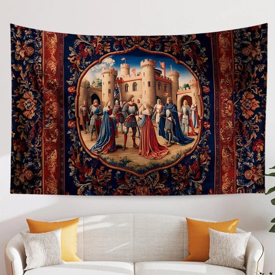 Medieval Castle Wall Tapestry in Red Burgundy – European Princess Castle Decor for Bedroom & Living Room